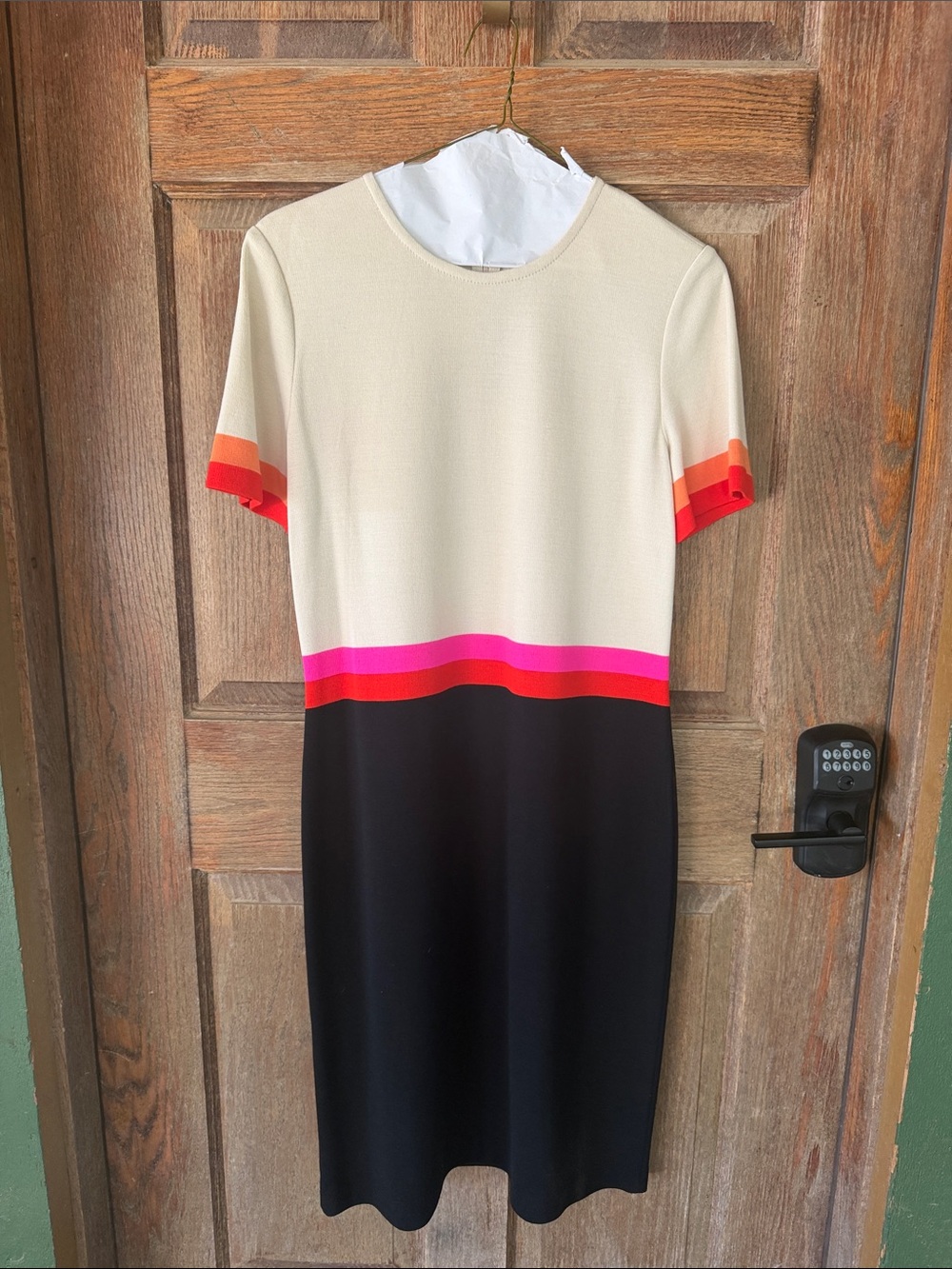St. John Cream & Black Short Sleeve Colorblock Dress with Pink and Red Stripes